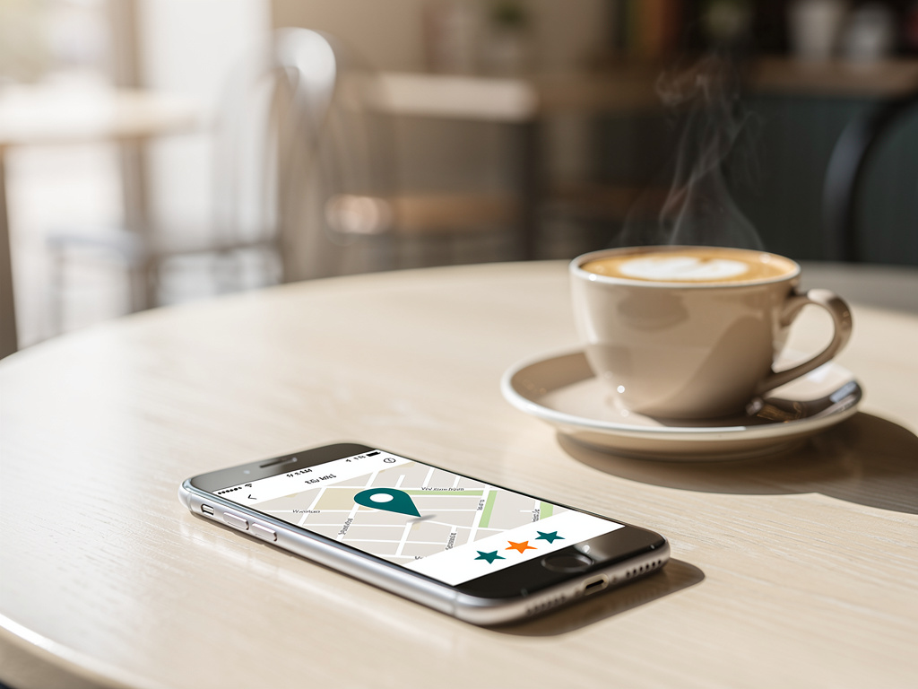 Smartphone mit Kartenansicht und Sternebewertungen auf einem Cafétisch