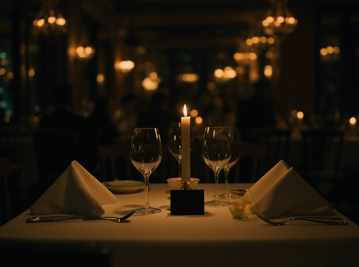 Eingedeckter, leerer Tisch mit brennender Kerze in einem vollen Restaurant