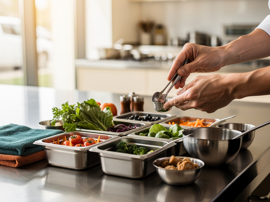 Hände portionieren frische Zutaten aus Edelstahlbehältern in einer Restaurantküche